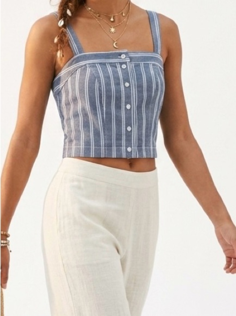 Brandy Melville Striped Astrid Crop Tank Top Blue White Button Front Smocked OS